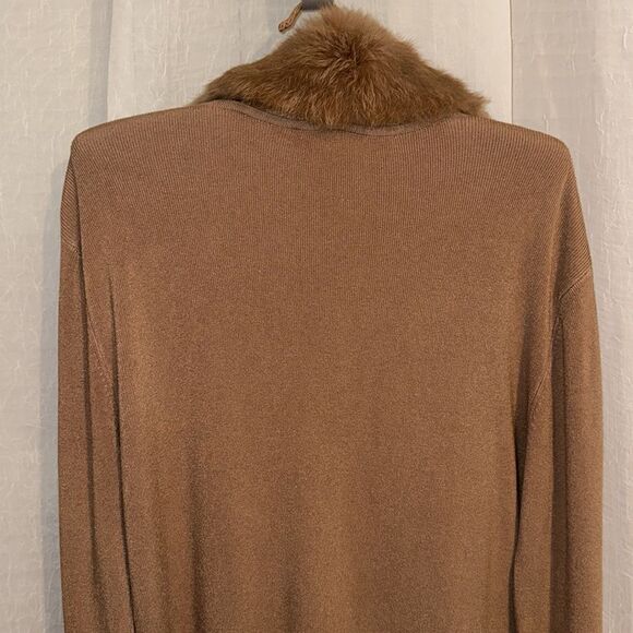Michelle Nicole XL Tan Knit Button Front V-Neck Fox Fur Collar Elegant Cardigan - Picture 4 of 14